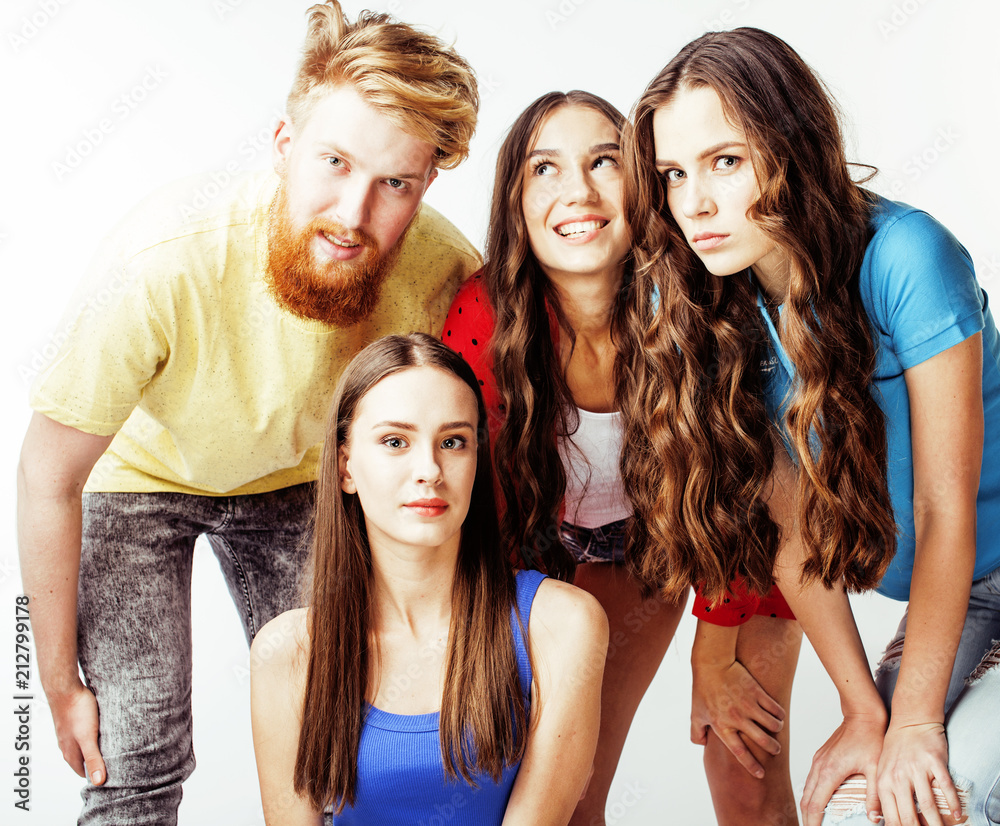 company of hipster guys, bearded red hair boy and girls students having fun together friends, diverse fashion style, lifestyle people concept isolated on white background company of hipster guys, bearded red hair boy and girls students having fun together friends, diverse fashion style, lifestyle people concept isolated on white background