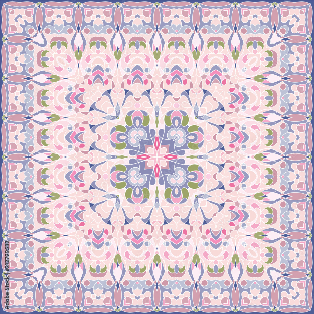 Delicate color pattern in Oriental style. Square ornament for shawls, scarves or pillow. Can be used for printing onto fabric or paper. Vector illustration.