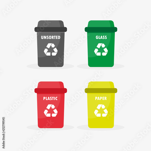 Separation recycling bins. Waste segregation management concept. Vector Illustration