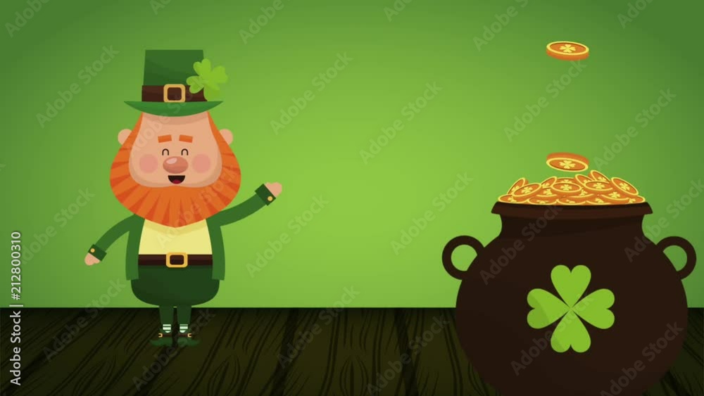 Cute elf with coins pot over wooden floor High definition animation colorful scenes Cute elf with coins pot over wooden floor High definition animation colorful scenes
