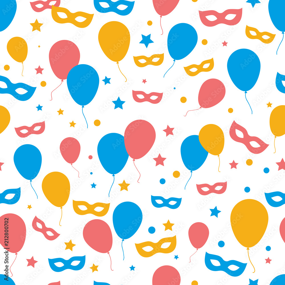 festive seamless background with balloons, masks and confetti.  vector.