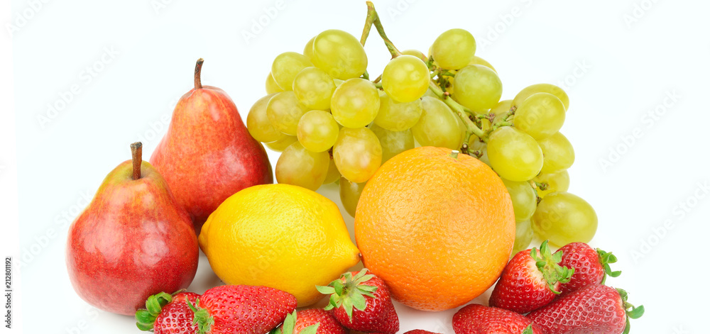 Fruit and berries isolated on white background. Wide photo. Fruit and berries isolated on white background. Wide photo.