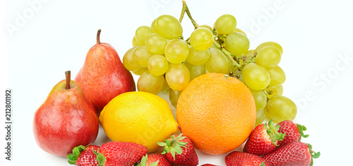 Fototapeta Naklejka Na Ścianę i Meble -  Fruit and berries isolated on white background. Wide photo.