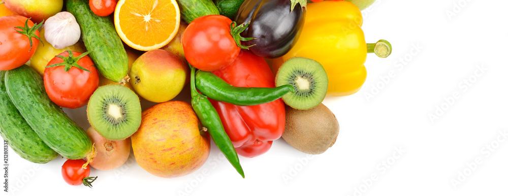 Fruits and vegetables isolated on white background. top view. Free space for text. Wide photo. Fruits and vegetables isolated on white background. top view. Free space for text. Wide photo.