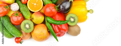 Fruits and vegetables isolated on white background. top view. Free space for text. Wide photo.