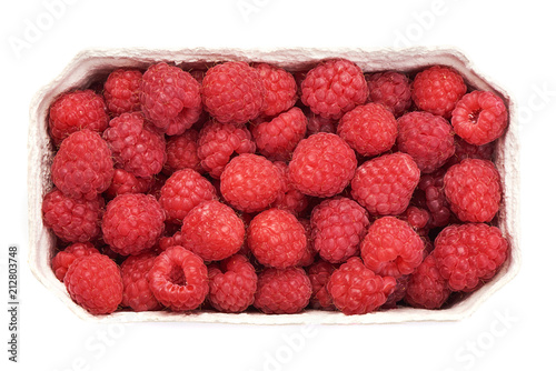 Ripe red raspberry, isolated on white background. Top view. Close-up.