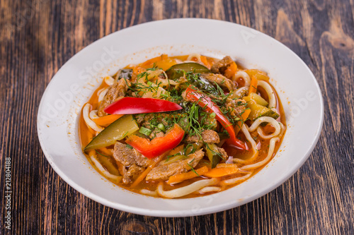 Traditional asian noodle lagman