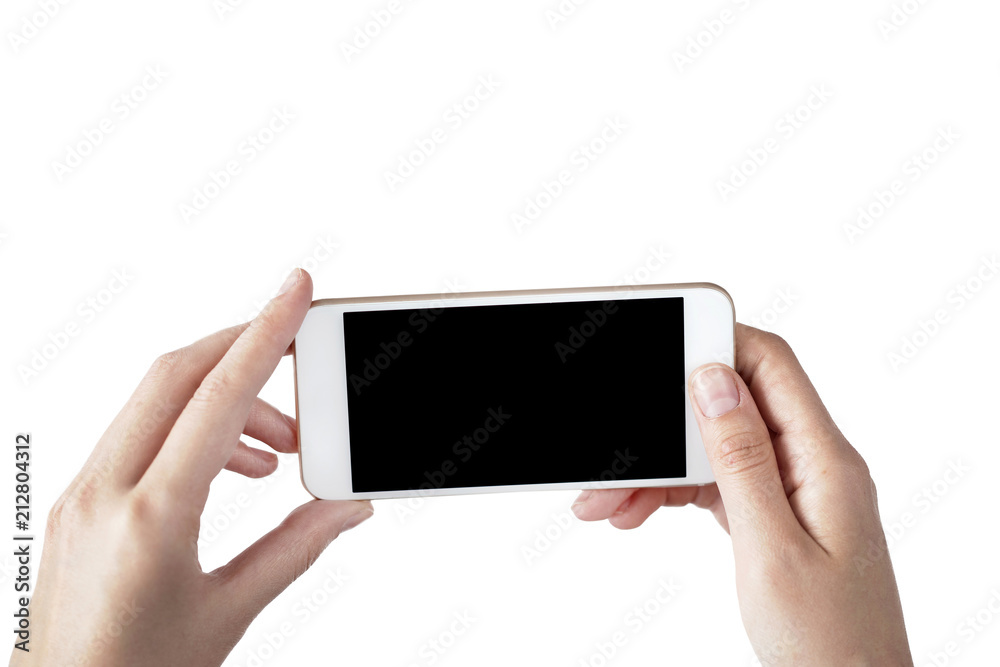 Woman holding phone pressing the home button Woman holding phone pressing the home button