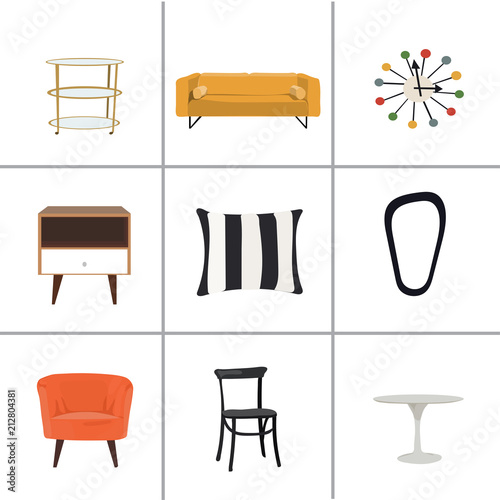 vector interior design illustration. collection set of elements. designer trendy furniture. table chair sofa lamp mirror plant chest table armchair. modern and retro. contemporary danish. mid century