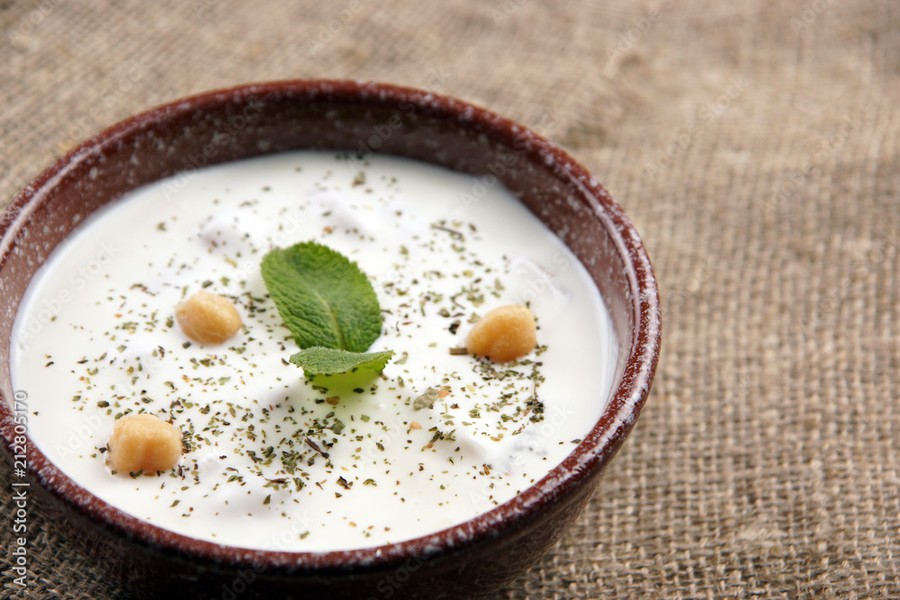 Chickpea soup with mint on the table Chickpea soup with mint on the table