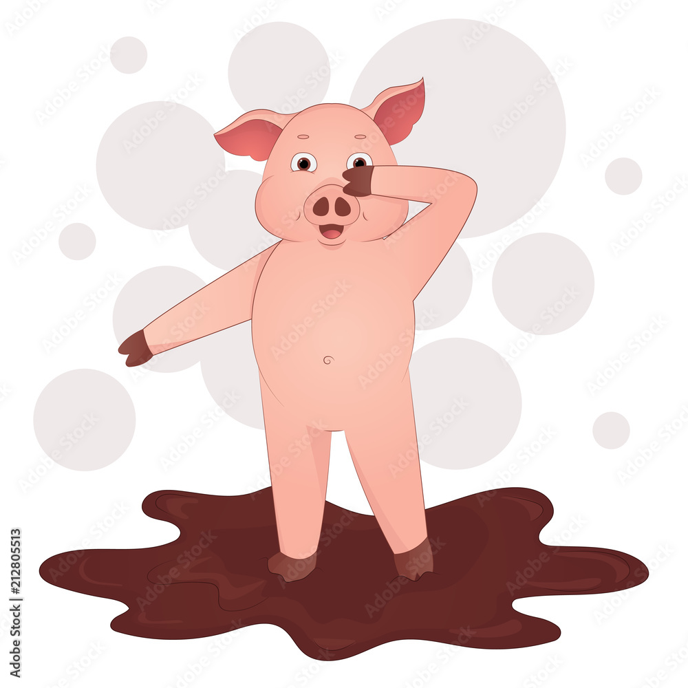 Fototapeta premium Cute pig in the mud cartoon symbol of the year 2019