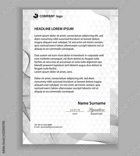 Letterhead template (printable business letter layout). Modern examples of corporate identity design pages. Company paper mockup image with guilloche lines. White background with official pattern