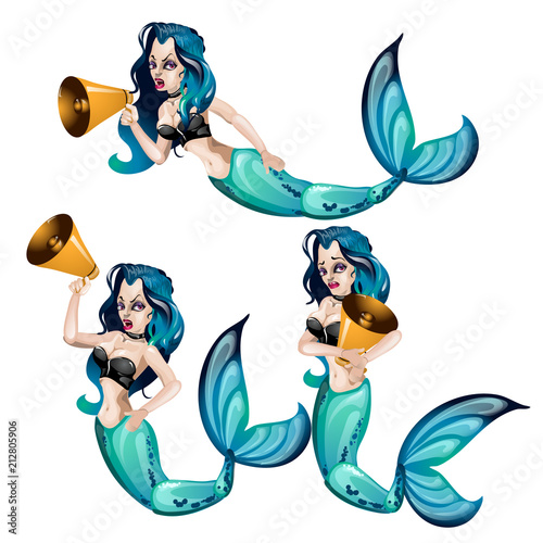 A set of animated mermaids, speaking into a megaphone or loudspeaker, isolated on white background. Vector illustration.