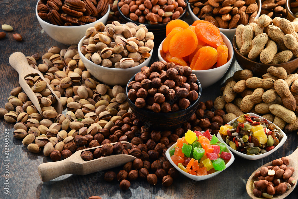 Composition with dried fruits and assorted nuts Composition with dried fruits and assorted nuts