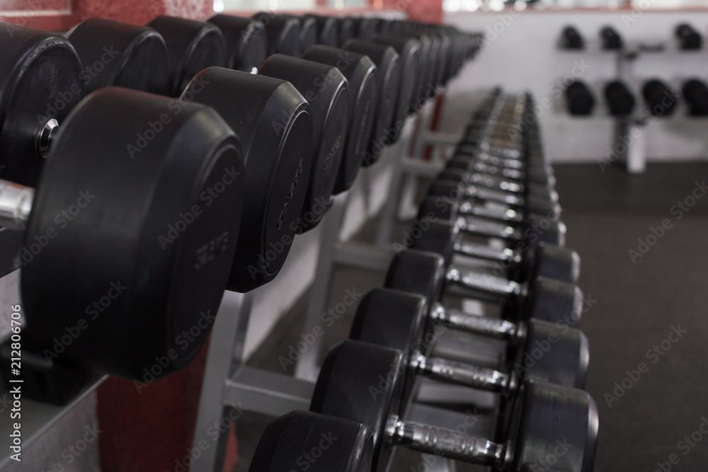 Obraz premium Rows of dumbbells in gym