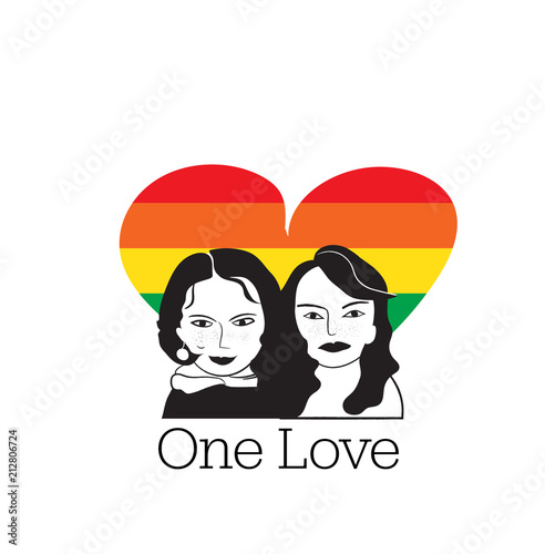 one love vector illustration. gay rainbow heart symbol with a couple in love. pair of women men. lovers. lesbian homosexual flag sign.