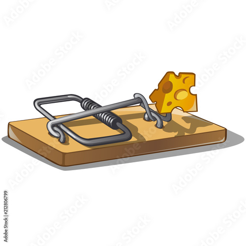 Free cheese in a mousetrap isolated on white background. Vector cartoon close-up illustration. photo