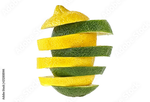 Fruit pyramid - lemon and lime on white background. Healthy food.