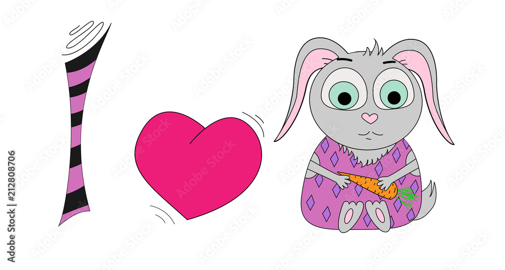 I love the cartoon rabbit. I love the bunny. Illustration of a bunny. T-shirt graphics for kids.
