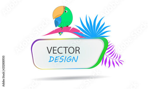 Vector banner with parrot. Frame for text with a character. Cartoon frame for text. Design of banners for children. Tropical banner. Frame for text with a cartoon animal parrot. Banner with palm leave