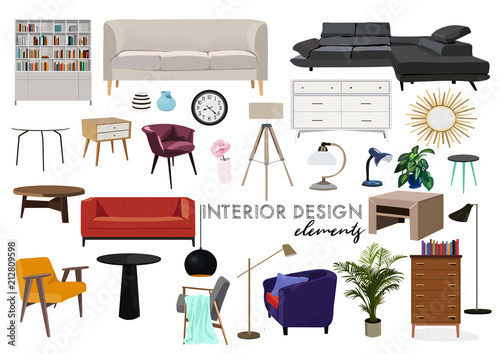vector interior design illustration. collection set of elements. designer trendy furniture. table chair sofa lamp mirror plant chest table armchair. modern and retro. contemporary danish. mid century