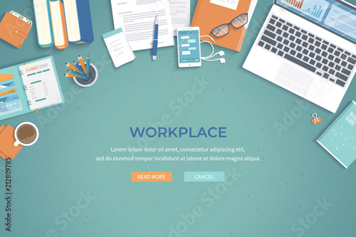 Business Workplace Desktop background. Top view of  table, laptop, folder, documents, notepad, planner, books, purse, glasses, notes, calculator, coffee. Place for text. Vector Top view photo