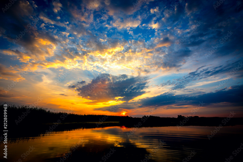 majestic sunset on lake