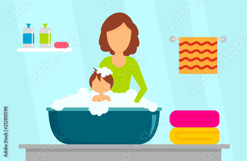 Mother wash kid concept background. Flat illustration of mother wash kid vector concept background for web design
