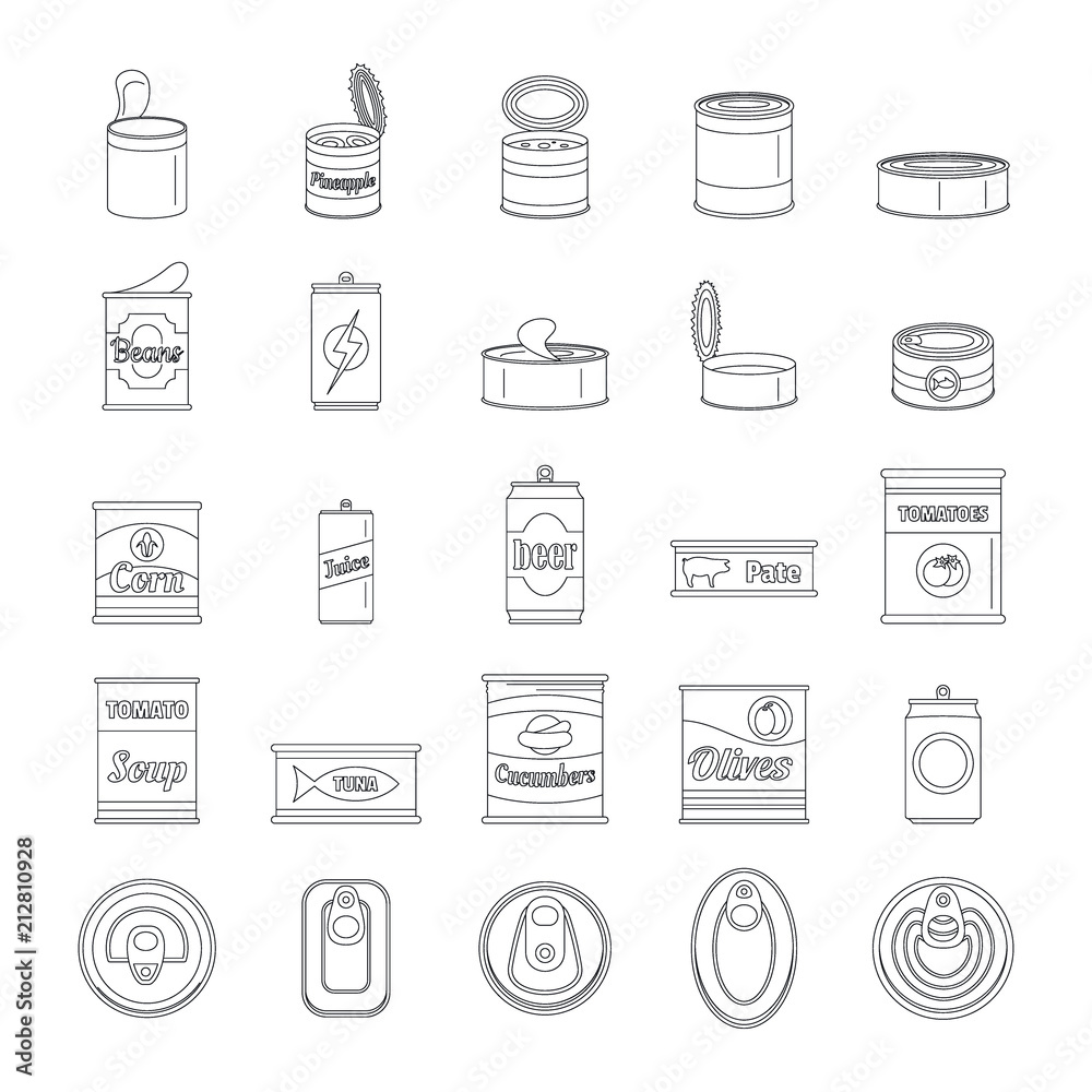 Tin can food package jar icons set. Outline illustration of 25 tin can food package jar vector icons for web Tin can food package jar icons set. Outline illustration of 25 tin can food package jar vector icons for web