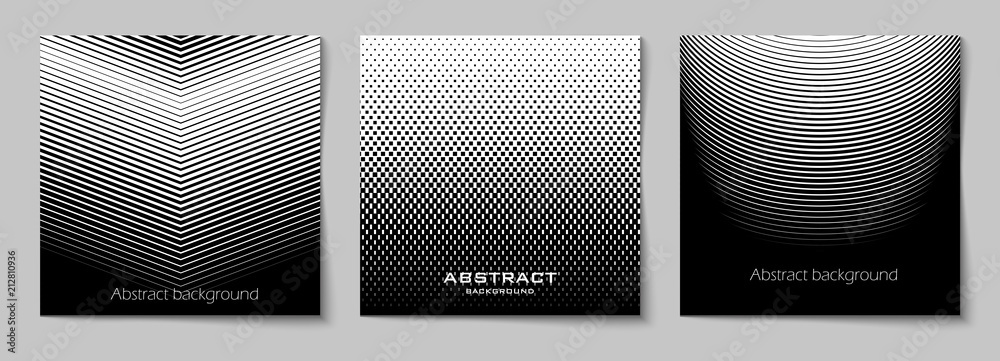 Set of square abstract backgrounds with halftone pattern in black and white colors. Design template of flyer, banner, cover, poster. Vector illustration - obrazy, fototapety, plakaty 