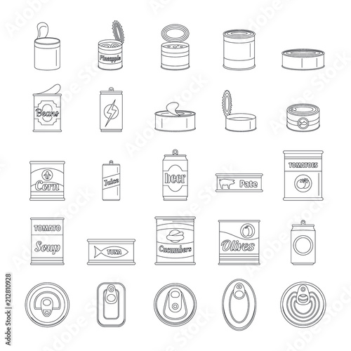 Tin can food package jar icons set. Outline illustration of 25 tin can food package jar vector icons for web photo