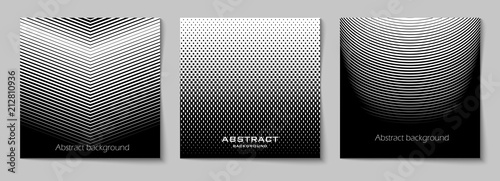 Set of square abstract backgrounds with halftone pattern in black and white colors. Design template of flyer, banner, cover, poster. Vector illustration