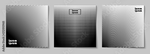 Set of square abstract backgrounds with halftone pattern in black and white colors. Design template of flyer, banner, cover, poster. Vector illustration