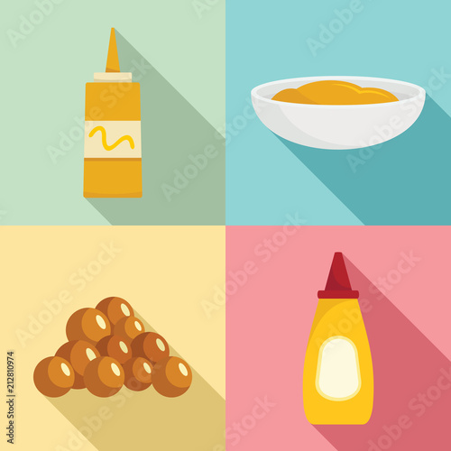 Mustard seeds sauce bottle icons set. Flat illustration of 4 mustard seeds sauce bottle vector icons for web