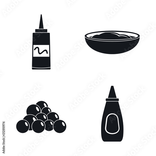 Mustard seeds sauce bottle icons set. Simple illustration of 4 mustard seeds sauce bottle vector icons for web