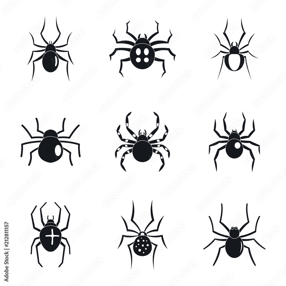 Spider bug caterpillar phobia icons set. Simple illustration of 9 spider bug caterpillar phobia vector icons for web