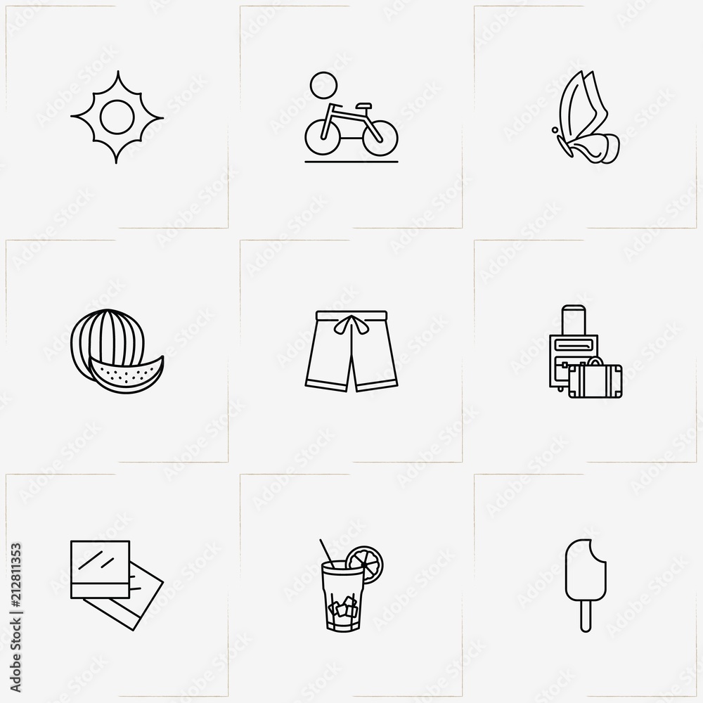 Naklejka premium Summer line icon set with shorts, cocktail and butterfly