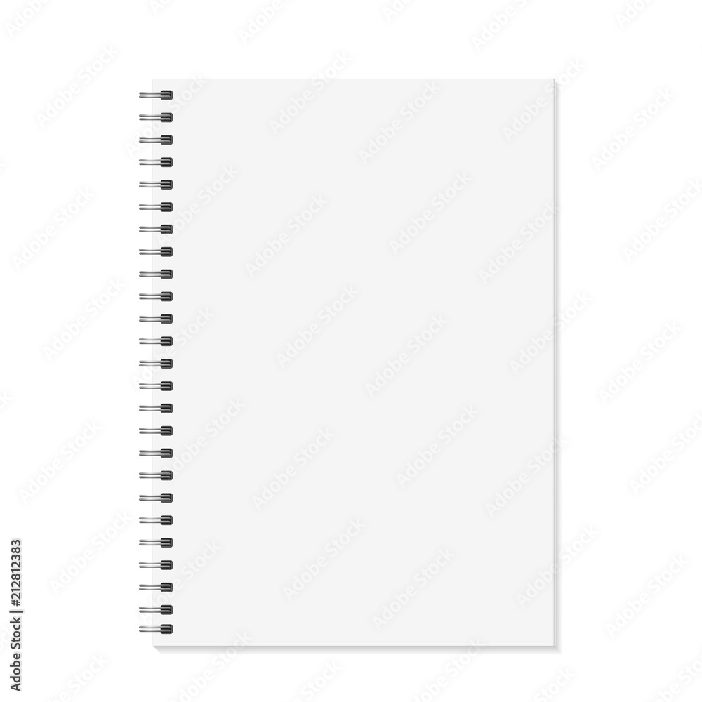 Notebook mock up. Open book with metal spiral template. Isolated on white background. A4 bound pages. Vector illustration.
