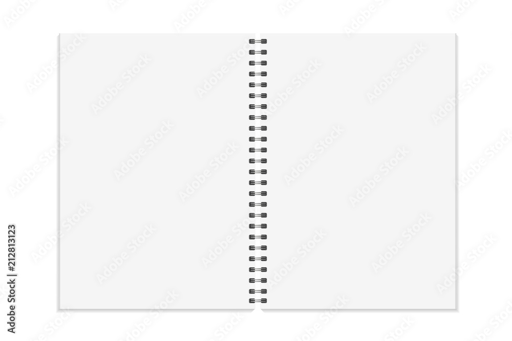 Notebook mock up. Open book, diary with metal spiral template. Isolated on white background. A4 bound pages. Vector illustration. Notebook mock up. Open book, diary with metal spiral template. Isolated on white background. A4 bound pages. Vector illustration.