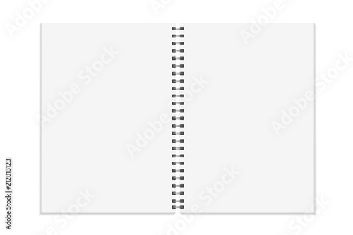 Notebook mock up. Open book, diary with metal spiral template. Isolated on white background. A4 bound pages. Vector illustration.