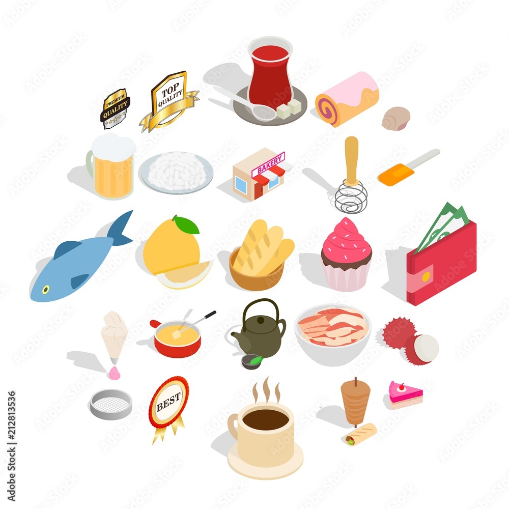 Dishes icons set. Isometric set of 25 dishes vector icons for web isolated on white background