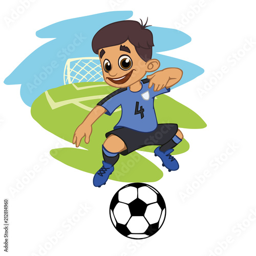 A cartoon soccer player is playing ball in a stadium in uniform Uruguay. Vector illustration