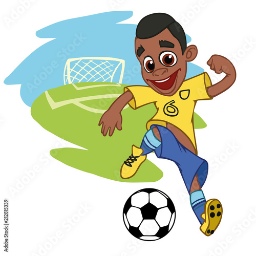 A cartoon soccer player is playing ball in a stadium in uniform Brazil. Vector illustration