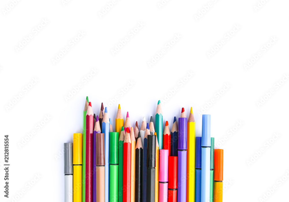 School supplies. Back to School design elements. Colored pencils on white background. School supplies. Back to School design elements. Colored pencils on white background.