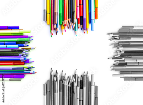 School supplies. Back to School design elements. Colored pencils on white background.