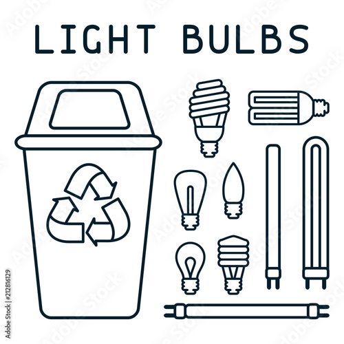 Light bulbs recycling illustration with trash, dumpster and lettering. Linear style vector illustration. EPS10