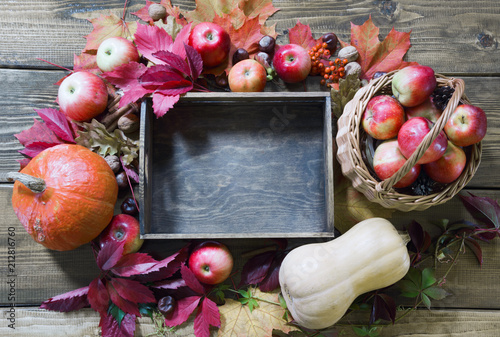 Autumn still life. Fresh fall fruits, ripe apples, pumpkin and wooden tray on table. Copy space. photo