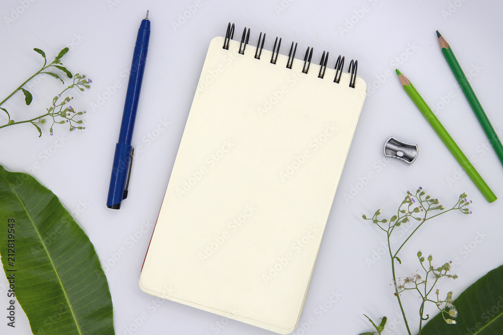 Blank page of sketching pad with pencil and leaves on white, top view  photo. Spring or summer seasonal background Stock Photo