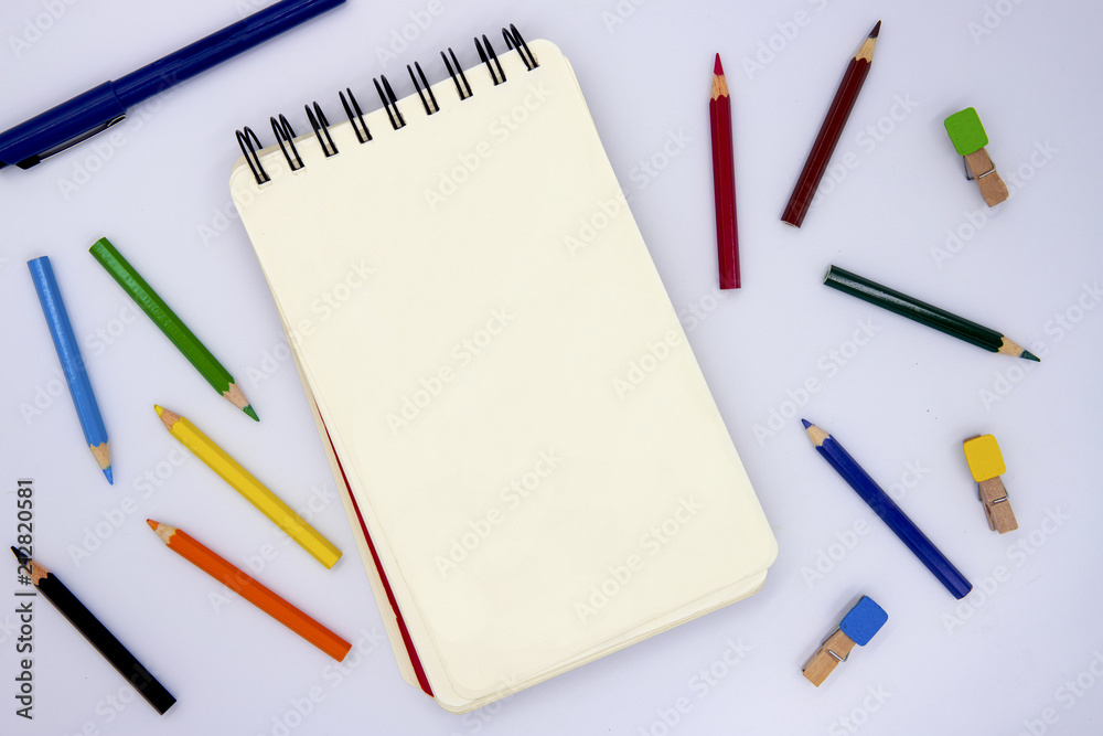 Blank Page of Sketching Pad with Pencil on White, Top View Photo. Kids Art  Class or Artistic Hobby Banner Background. Stock Image - Image of material,  crayon: 121000041