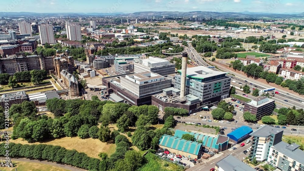 Aerial image over the new Royal Infirmary, Glasgow, with traffic on the M8.